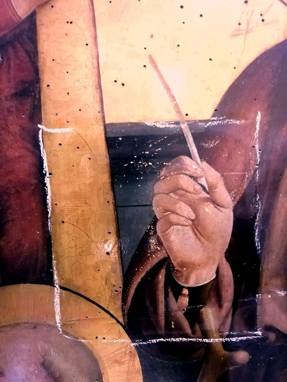 Pinacoteca comunale di Faenza (Ravenna): Biagio d'Antonio, "Madonna con il Bambino in trono e santi", particolare di un saggio di pulitura (Laboratorio Salemme Restauri, Imola) - foto Alberta Fabbri, 2023