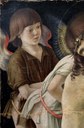 Giovanni Bellini, Pietà: Cristo morto con quattro angeli,1475 c., tempera e olio su tavola, provenienza: Tempio Malatestiano, Rimini, Museo della Città