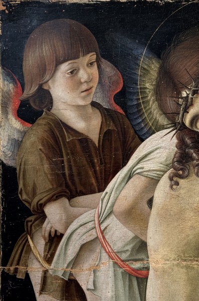 Giovanni Bellini, Pietà: Cristo morto con quattro angeli,1475 c., tempera e olio su tavola, provenienza: Tempio Malatestiano, Rimini, Museo della Città