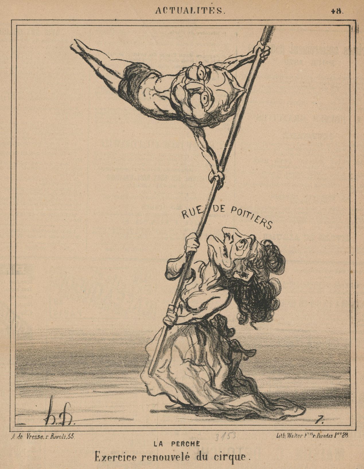 Honoré Daumier, La pertica. Esercizio circense rinnovato, dalla rivista «Le Charivari»,  litografia, 1870, collezione privata