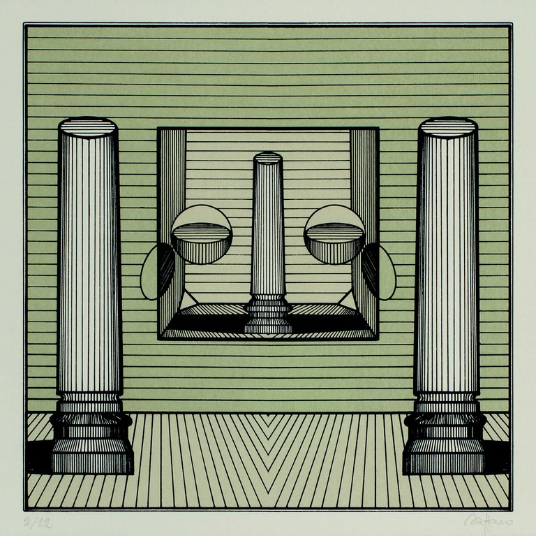 Le colonne di posizione, 1979, litografia a colori, 35x40 cm Fondazione Lucio Saffaro, Bologna