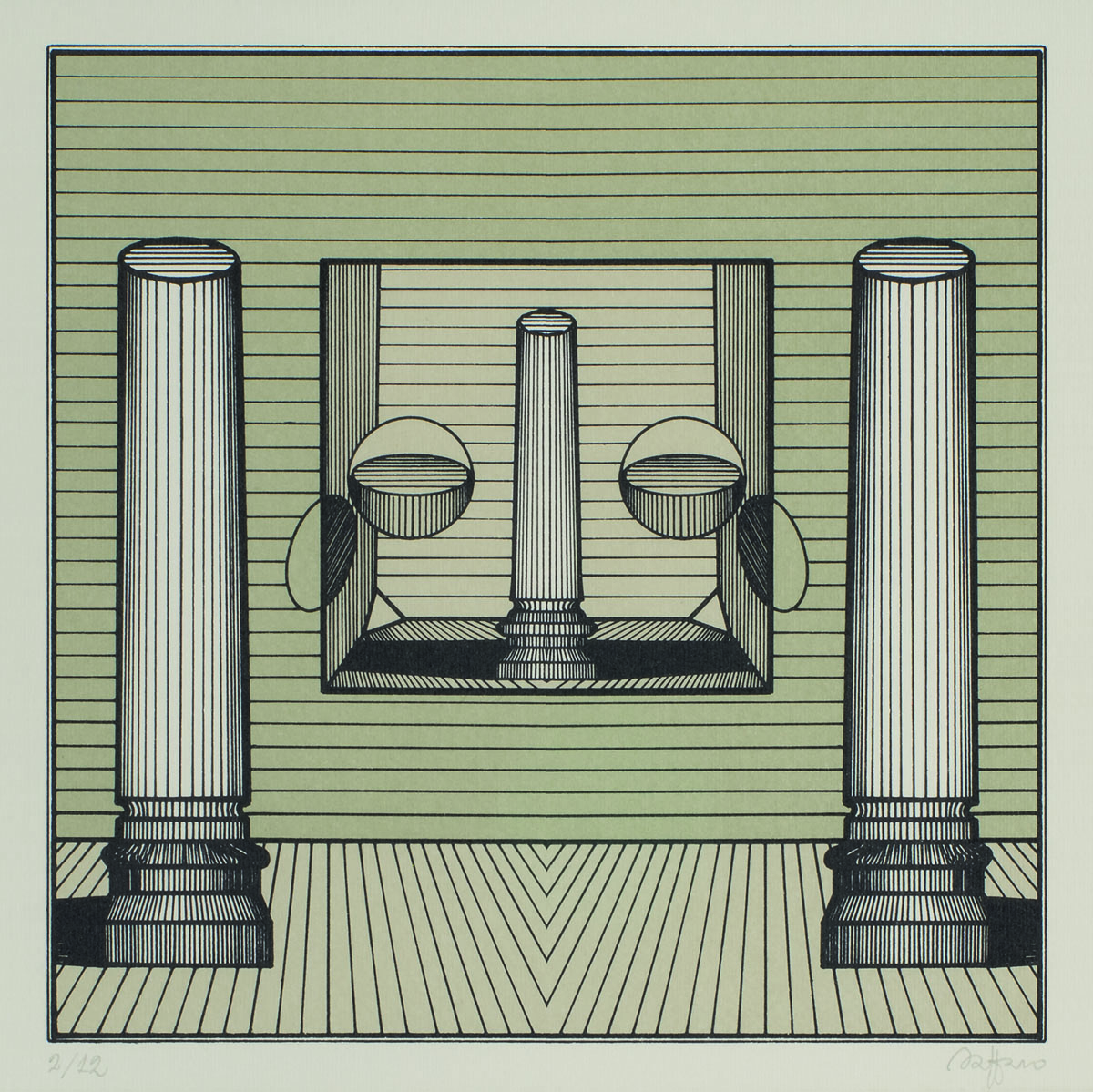 Le colonne di posizione, 1979, litografia a colori, 35x40 cm Fondazione Lucio Saffaro, Bologna