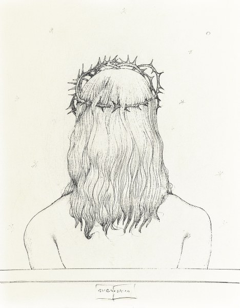 Omar Galliani, Sui tuoi passi, 2023, disegno preparatorio a inchiostro su carta, 48x38 cm. Ph. Luca Trascinelli 