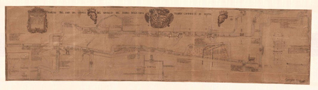“Disegno del Asta del Canale del Naviglio del Tarro della Illustrissima Communità di Parma”, (mm 620 x 2460), mappa, datata al 1704. DOPO IL RESTAURO