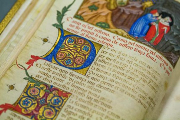 WEB Bim, Manoscritto 76 _ Inferno Parigi-Imola_Dante e Virgilio davanti alla porta dell'Inferno, c. 4v, dettaglio, 1440 ca.jpg