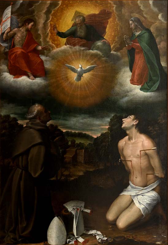 Bartolomeo Cesi (Bologna, 1556 – ivi, 1629), La Trinità e la Vergine adorate dai santi Bernardino da Siena e Sebastiano, 1583-1585, Olio su tela, cm 213 x 147, Bologna, IRCCS - Azienda Ospedaliero-Universitaria di Bologna - Policlinico di Sant’Orsola