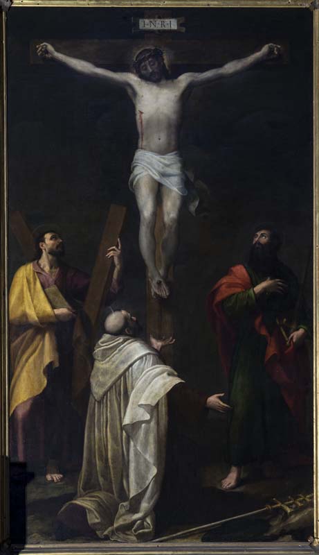 Bartolomeo Cesi, Crocifisso e i Santi Andrea, Pietro Toma e Paolo, 1584-1585, Olio su tela, cm 375 x 217, Bologna, basilica di San Martino Maggiore