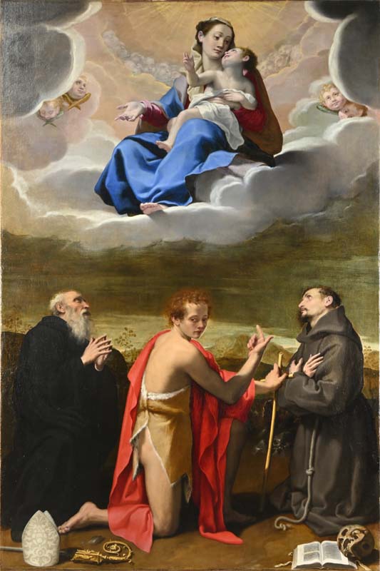 Bartolomeo Cesi,  Madonna con il Bambino in gloria con i Santi Benedetto, Giovanni Battista e Francesco, 1595-1598, Olio su tela, cm 288 x 191
 Bologna, chiesa di San Giorgio Maggiore