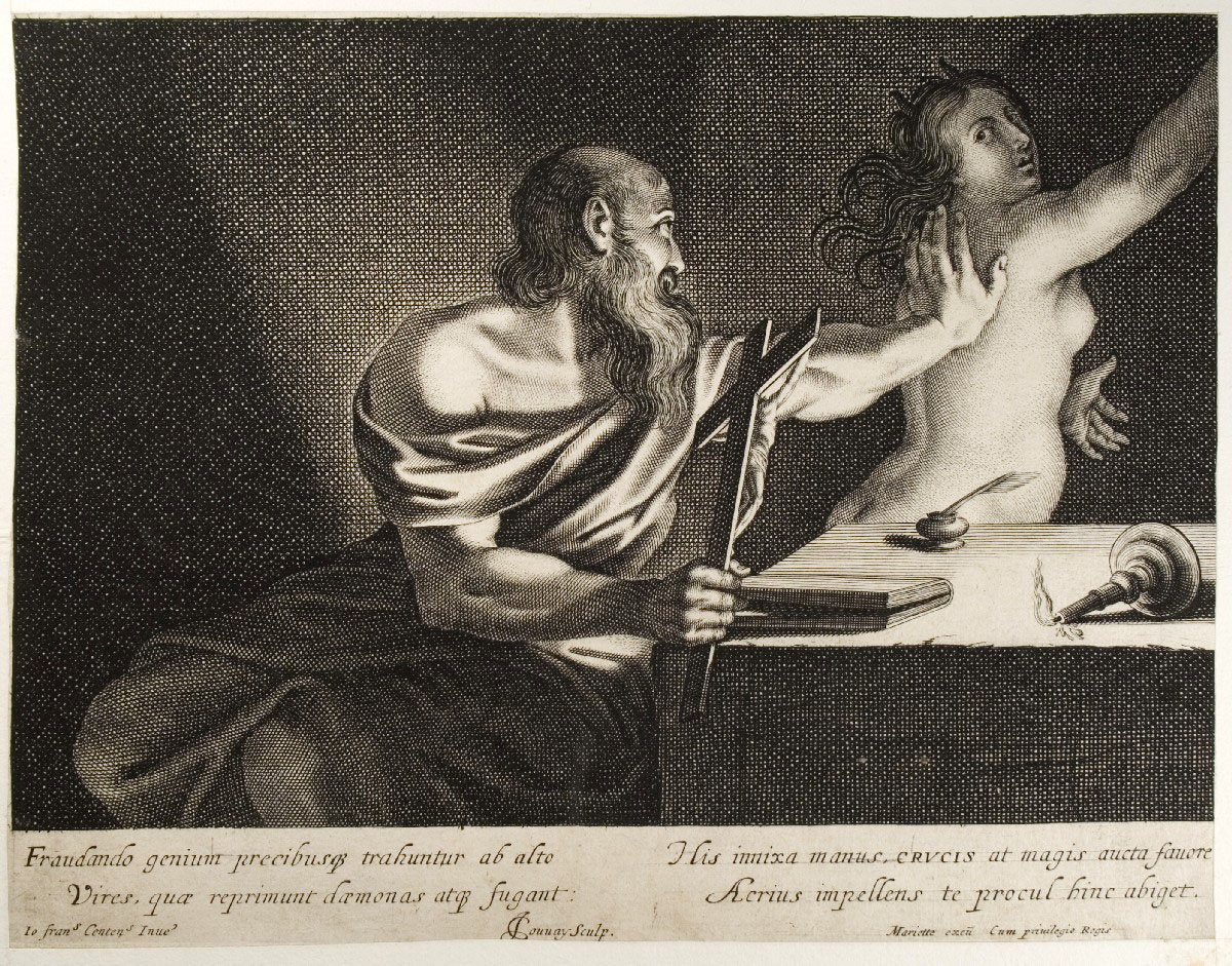 J. Couvay, San Girolamo tentato dal demonio, incisione alla maniera nera del XVII secolo 