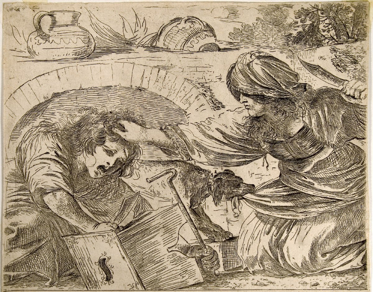 -	Guercino (attribuito) - Litigio di una strega con una giovane, acquaforte, prima metà del XVII sec. 