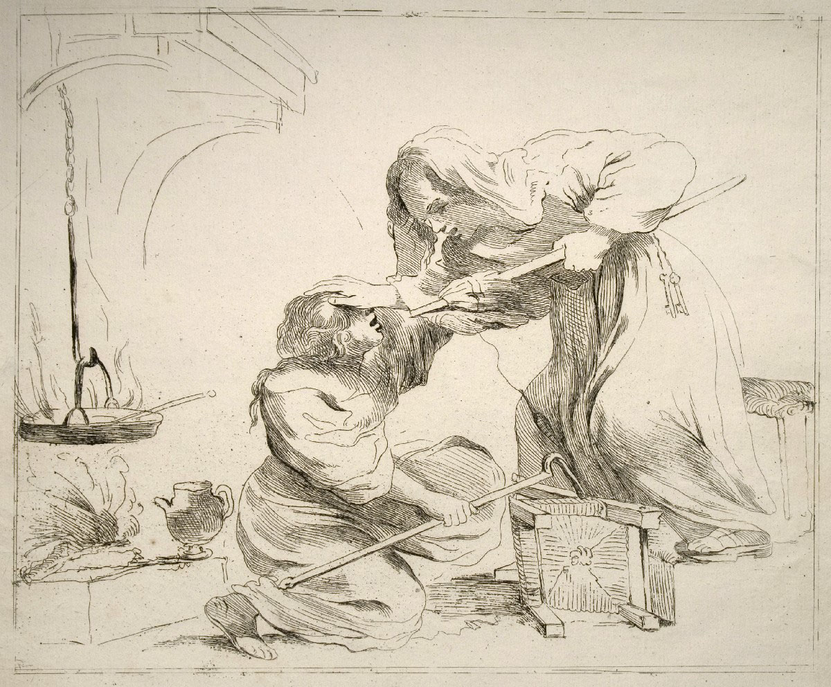 Anonimo, Litigio di una strega con una giovane vicino al camino, acquaforte s.d.