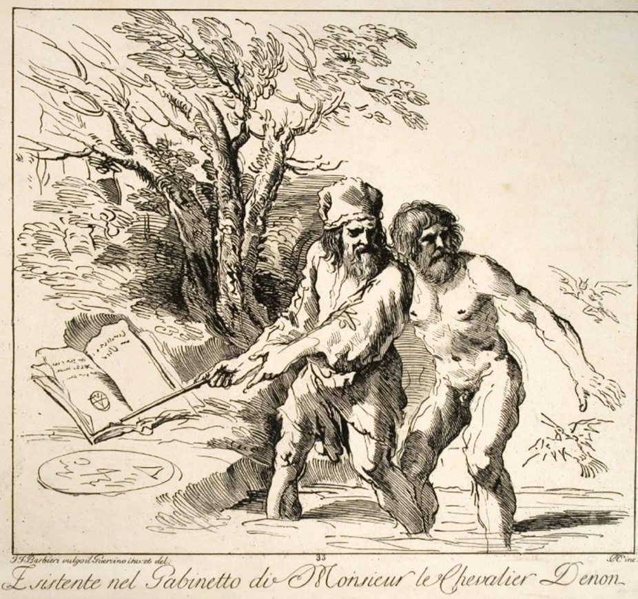 C. Nicoli, Due uomini compiono un rito magico ai bordi di un fiume, acquaforte di fine Settecento 