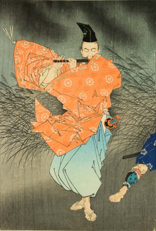 Fujiwara no Yasumasa suona il flauto al chiaro di luna, Tsukioka Yoshitoshi, 1883, Trittico di stampe, silografia policroma (nishikie), Museo d'Arte Orientale E. Chiossone, Comune di Genova