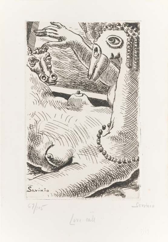 Alberto Savinio, Love call, incisione, 50x40 cm, Pinacoteca Nazionale di Bologna, Gabinetto dei disegni e delle stampe
