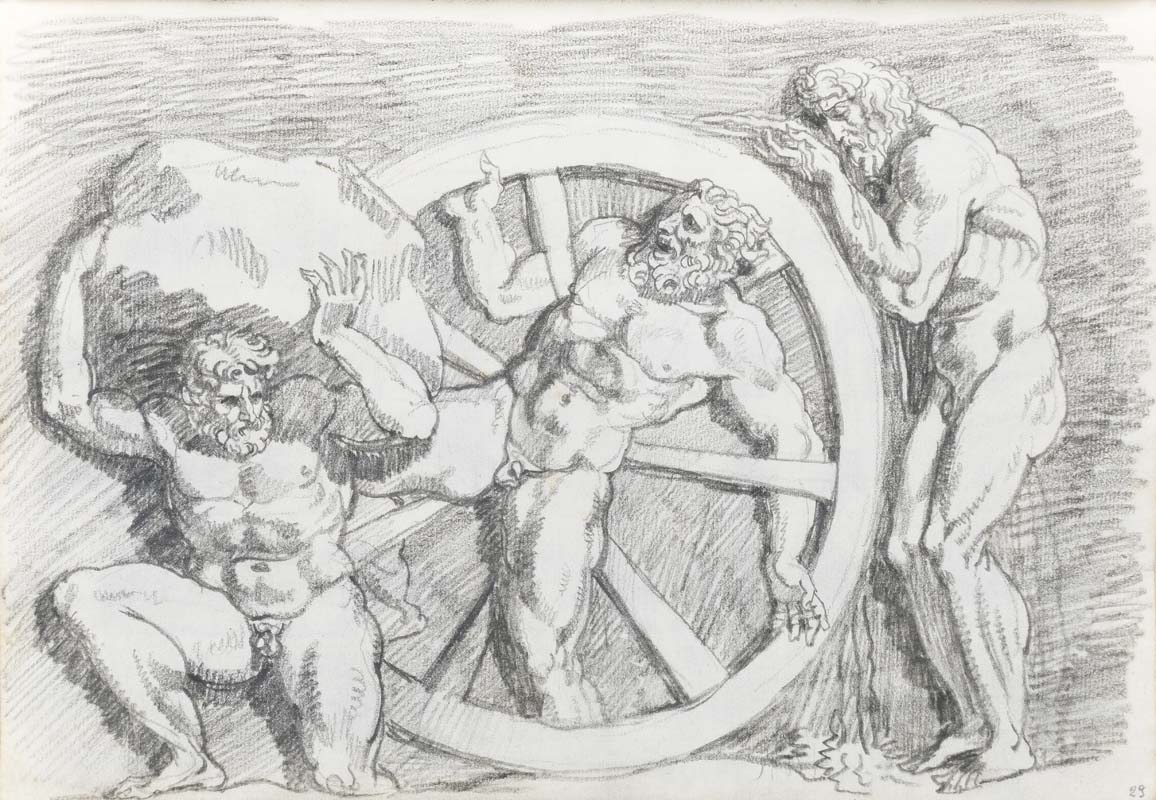 Felice Giani, Il supplizio di Sisifo, Issione e Tantalo, matita su carta, foglio rilegato in taccuino, prof. 28 x largh 28 x h 30 cm, 1790 circa, Pinacoteca Nazionale di Bologna, Gabinetto dei disegni e delle stampe