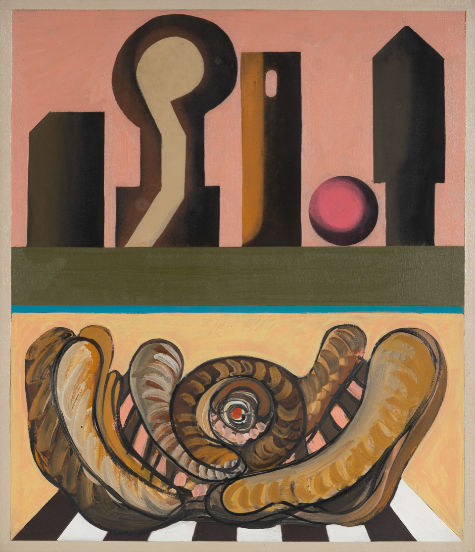 Concetto Pozzati, Da e per Giorgio Morandi, 1964, Olio e tempera su tela, 77,5 x 67,5 cm, Archivio Concetto Pozzati