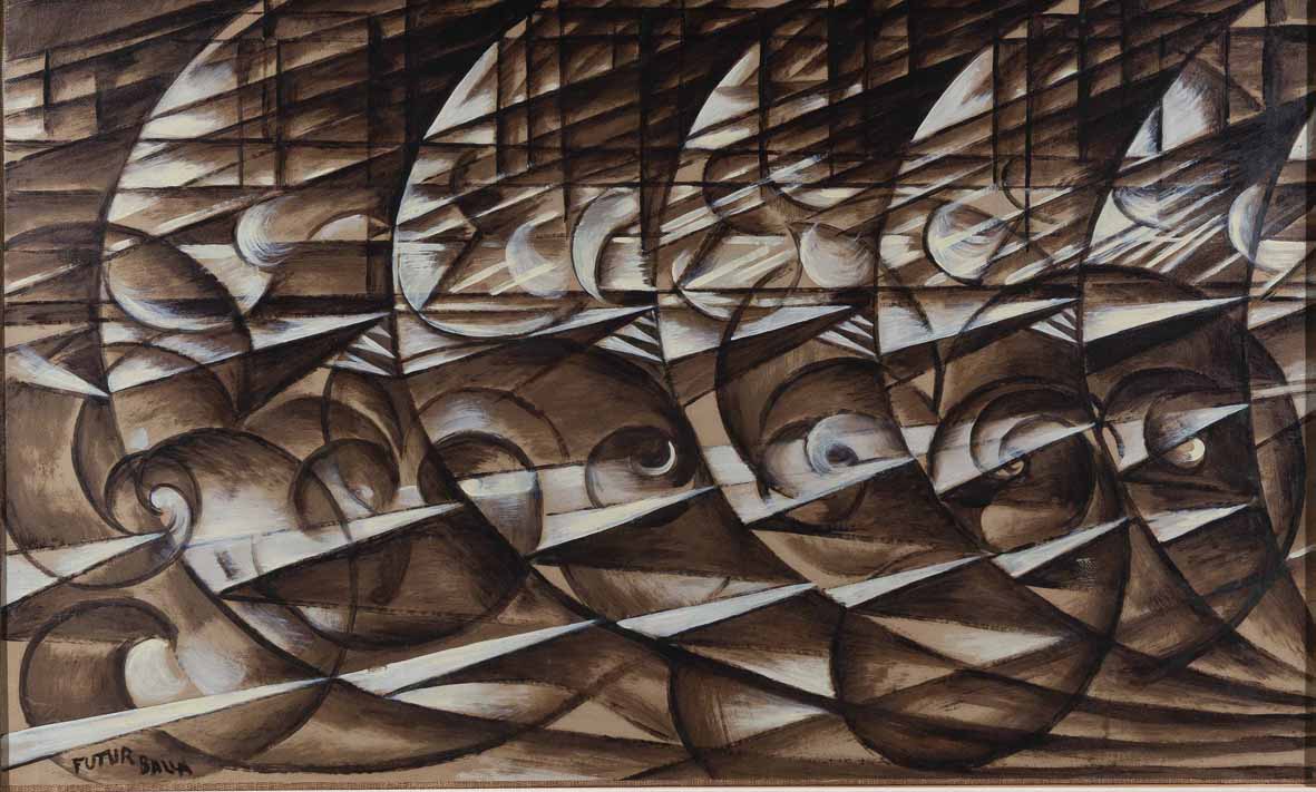 Giacomo Balla: Espansione dinamica + velocità N. 9, 1913 circa, olio su carta su tela, cm 64 x 107,2. Roma, Galleria Nazionale d’Arte Moderna e Contemporanea. GNAMC/foto di Alessandro Vasari © Giacomo Balla, by SIAE 2025