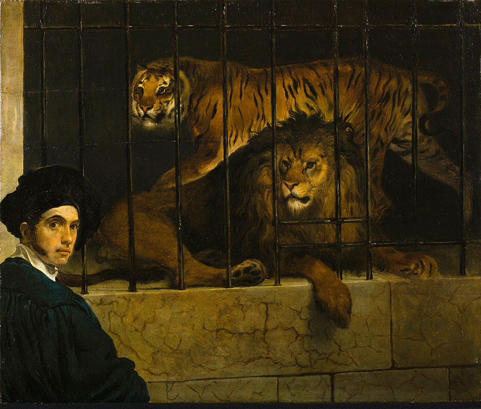 (Francesco Hayez, Un leone e una tigre entro una gabbia con il ritratto del pittore, 1831 ca. Milano, Museo Poldi Pezzoli