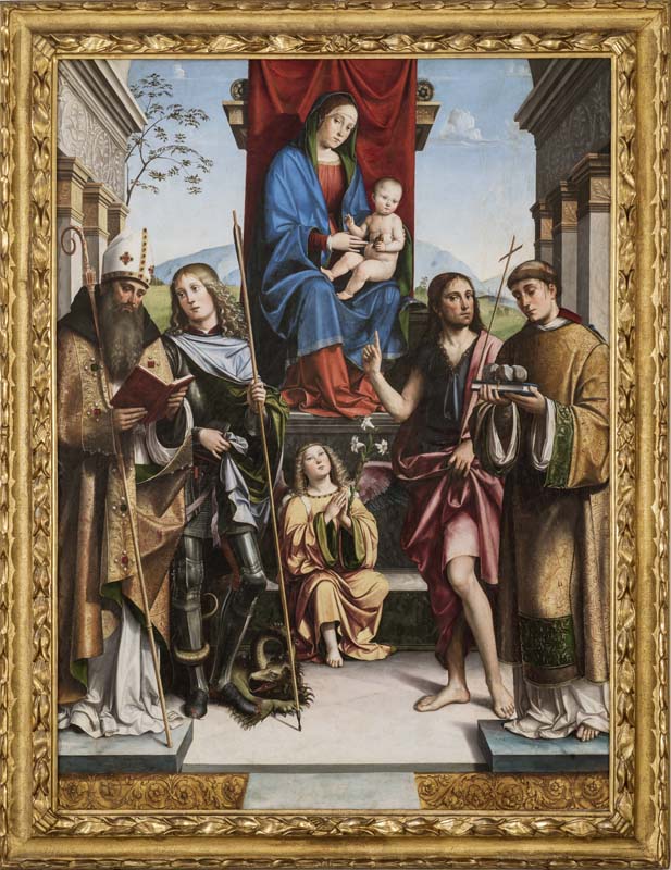 Francesco Raibolini detto il Francia, Madonna col Bambino in trono tra i Santi Agostino, Giorgio, Giovanni Battista e Stefano (Pala Manzuoli o del cardellino), 1490 circa, olio su tavola, 232x173; Bologna, Pinacoteca Nazionale