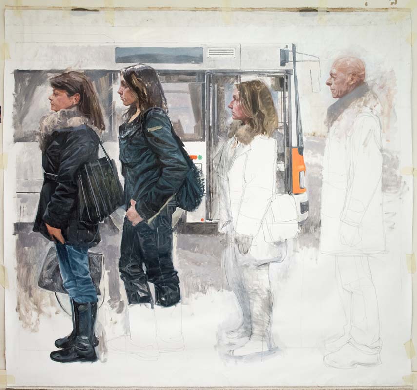 Nicola Nannini, Autobus (dett. dx), 2016, olio su tela, 220x530 cm, photo credits Barbara Bicego)