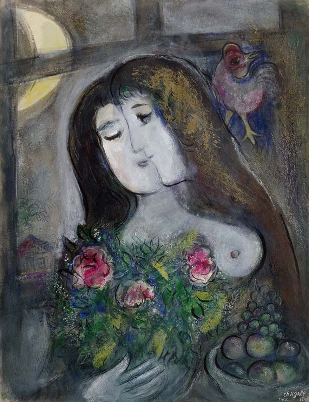 Marc Chagall
, Doppio volto al chiaro di luna, 1950, 
Gouache e pastelli colorati su carta, 65x50 cm, 
Collezione privata