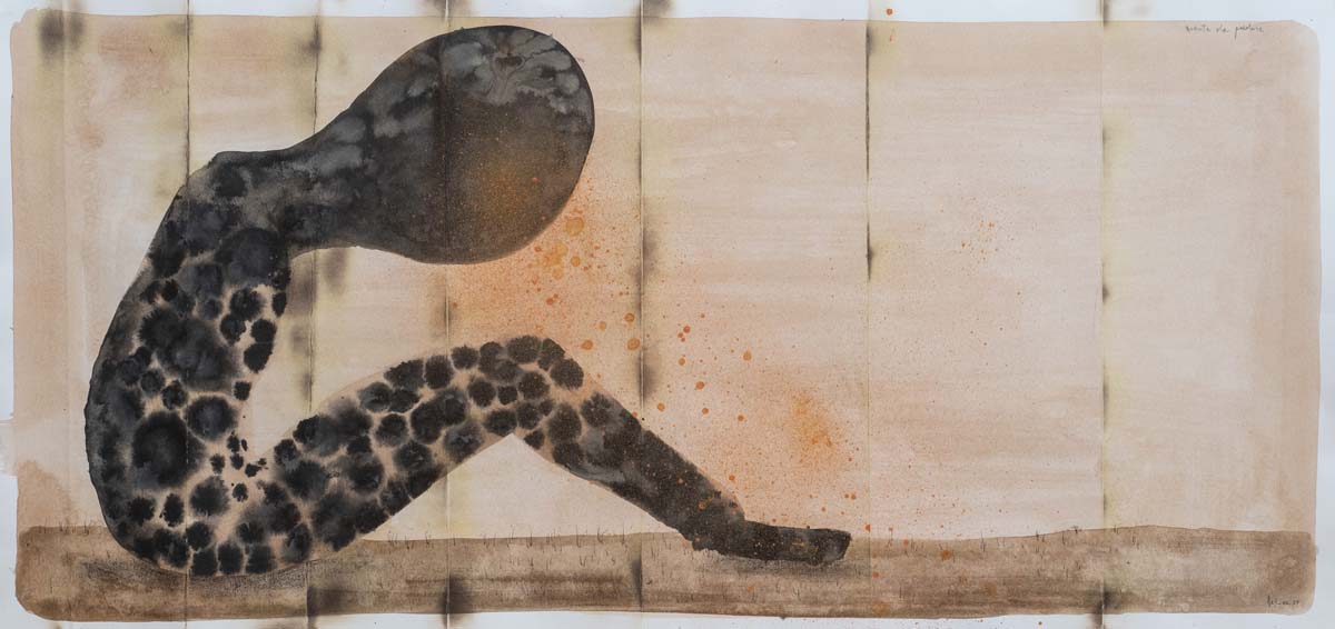 Denis Riva Senza titolo, 2025, acrilico, lievito madre e fuoco su carta, cm 33x70 