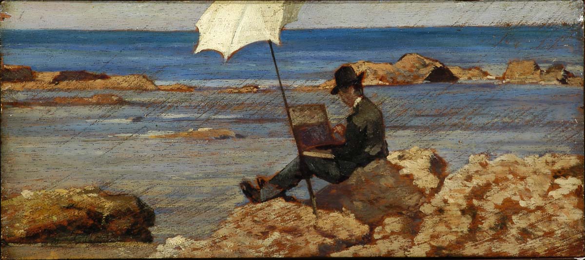 Giovanni Fattori, Silvestro Lega che dipinge sugli scogli, 1866-1867 ca
Olio su tavola. Collezione privata, Courtesy Gallerie Maspes, Milano