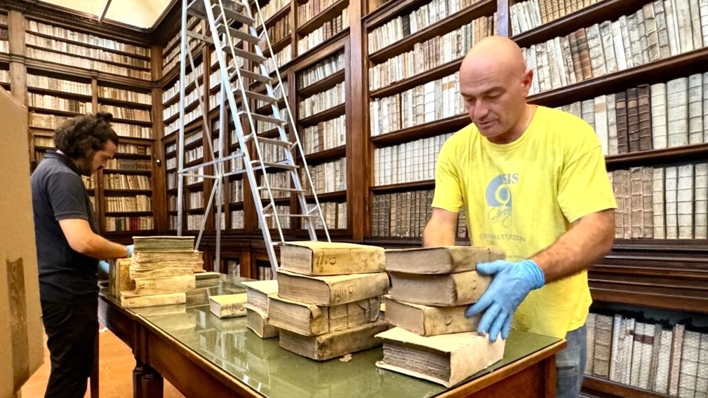 Un particolare dell’intervento di depolveratura nel Salone monumentale - foto Biblioteca comunale Passerini-Landi di Piacenza