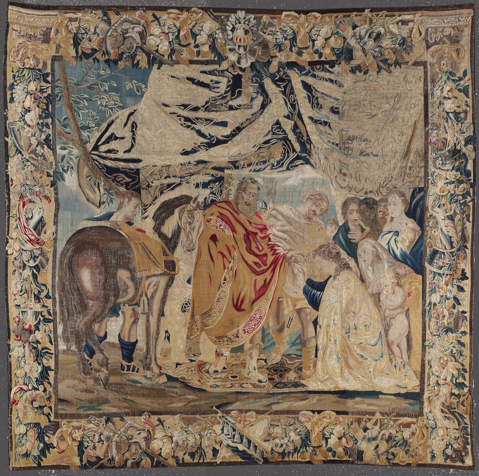 Jean Leyniers, arazziere (1630-1686), su probabili cartoni di Jacob Jordaens (1593-1678), Una
giovane donna, Rossane, accompagnata dal figlioletto, si inginocchia davanti ad Alessandro, arazzo in lana e seta