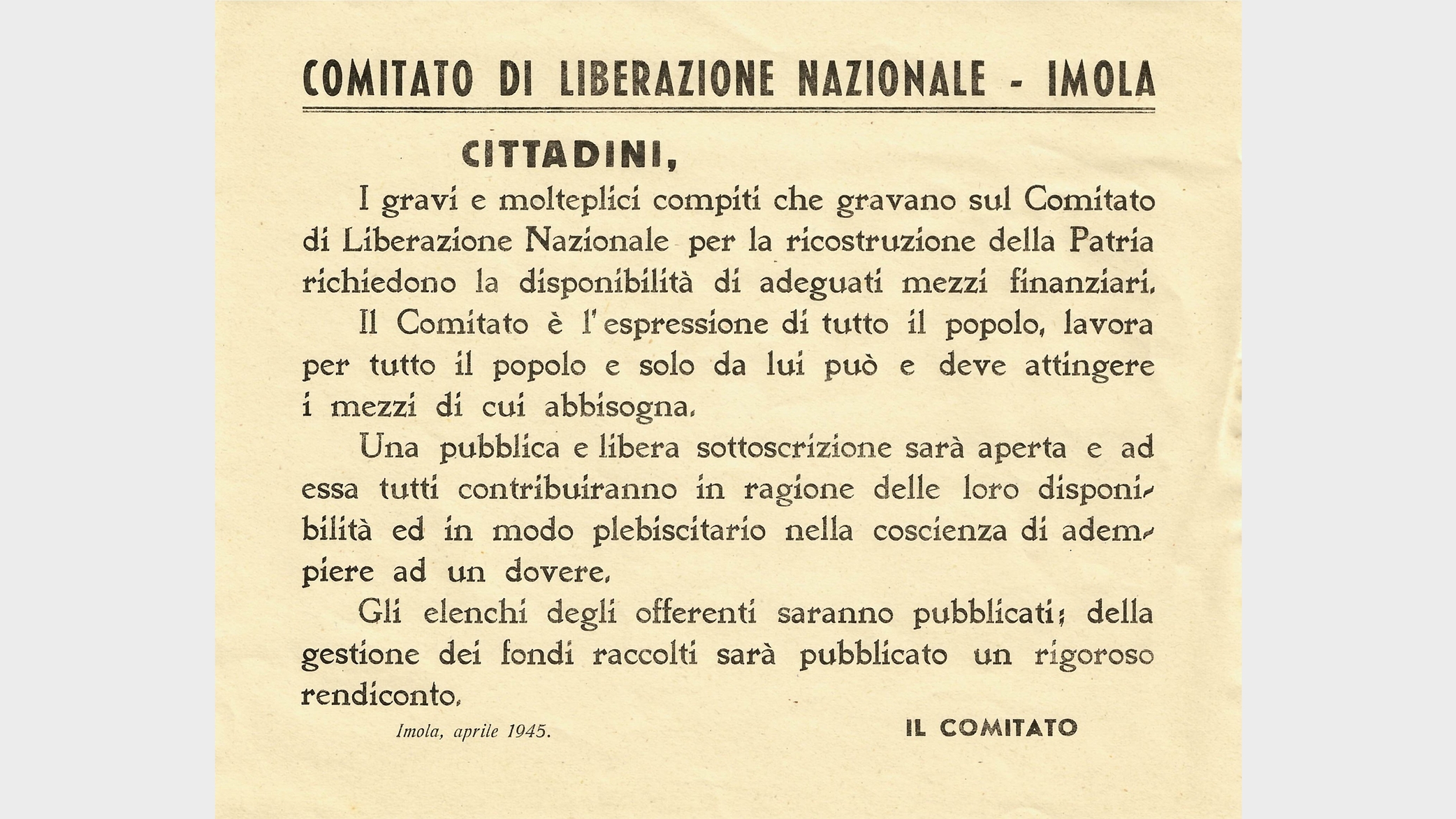 Un avviso alla cittadinanza imolese pubblicato nell’aprile del 1945 e conservato nell’Archivio del Comitato di liberazione nazionale di Imola - Biblioteca comunale di Imola (Bologna)