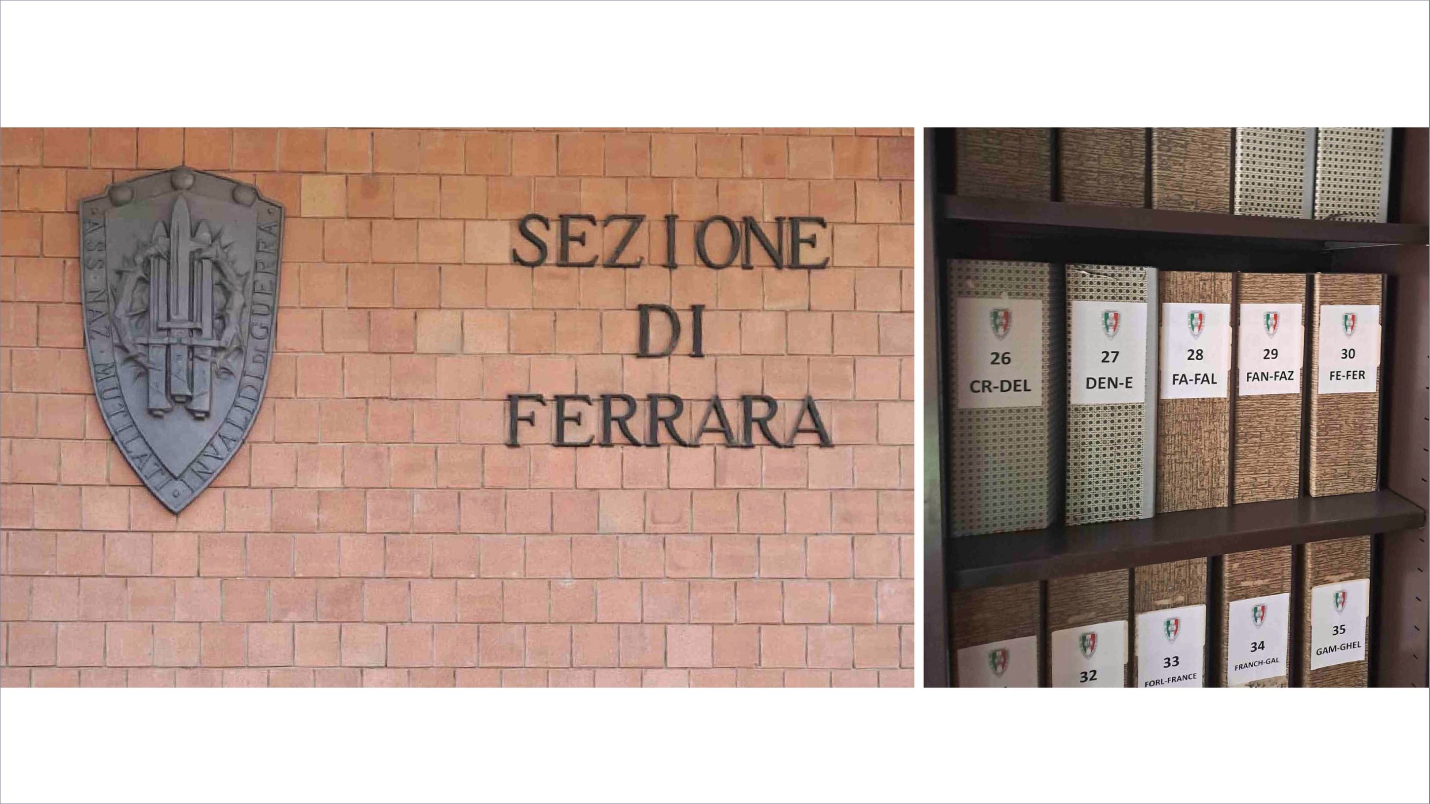 Due particolari della sede della Sezione di Ferrara dell’ANMIG - Associazione nazionale fra mutilati ed invalidi di guerra: il marchio posto all’esterno dell’edificio e uno scaffale dell’archivio (foto ANMIG - Sezione di Ferrara)