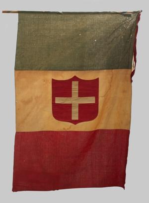Bandiera recante al centro uno scudo rosso con la croce bianca di Savoia, 1859 ca