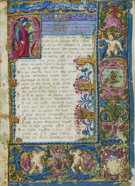 Modena, Biblioteca Estense Universitaria, MS. Ital. 960 (1409), Commedia, Incipit, dettaglio di miniatura. Foto di Luca Bacciocchi
