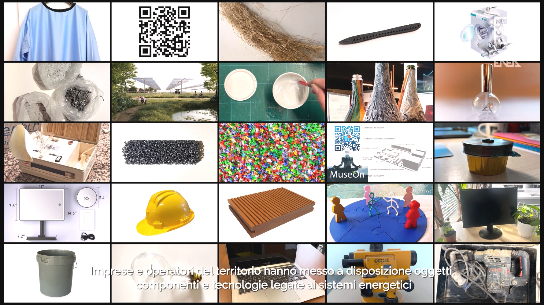 Immagine d'insieme con gli oggetti, le tecnologie e i materiali messi a disposizione dalle imprese partecipanti al concorso "Energia fatta ad Arte"