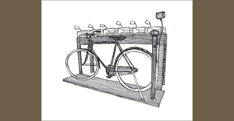 Foto > Disegno di Claudio Ballestracci per l’installazione dedicata alle carte e alla bicicletta di Alfredo Panzini nella Casa Rossa di Bellaria - Igea Marina