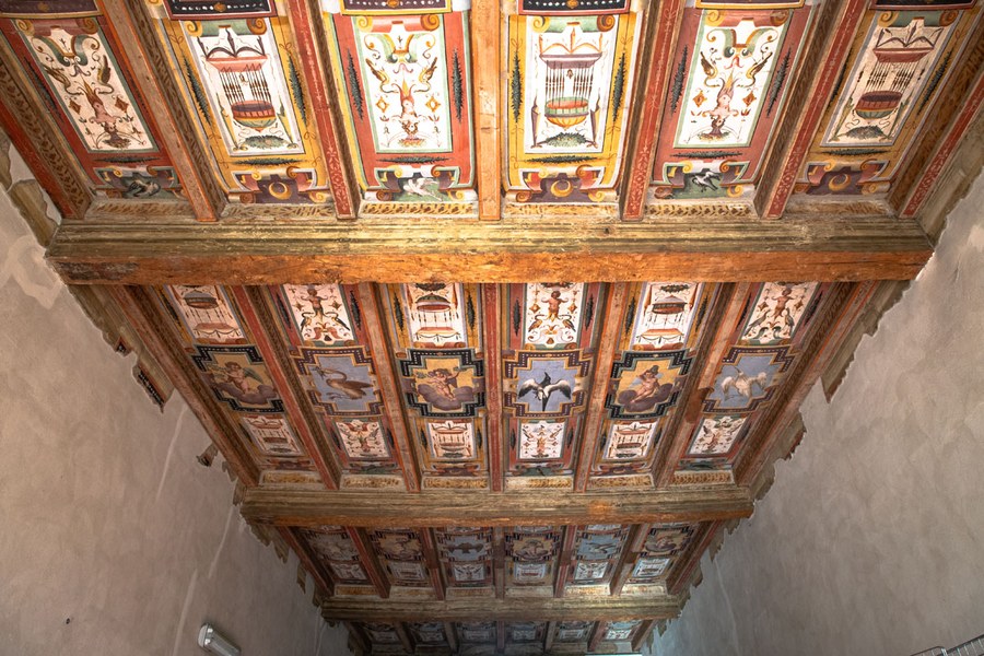 Soffitto a cassettoni della loggia del pianterreno del corpo centrale di Villa Salina Malpighi (Ufficio Stampa e Comunicazione, Comune di Castel Maggiore)